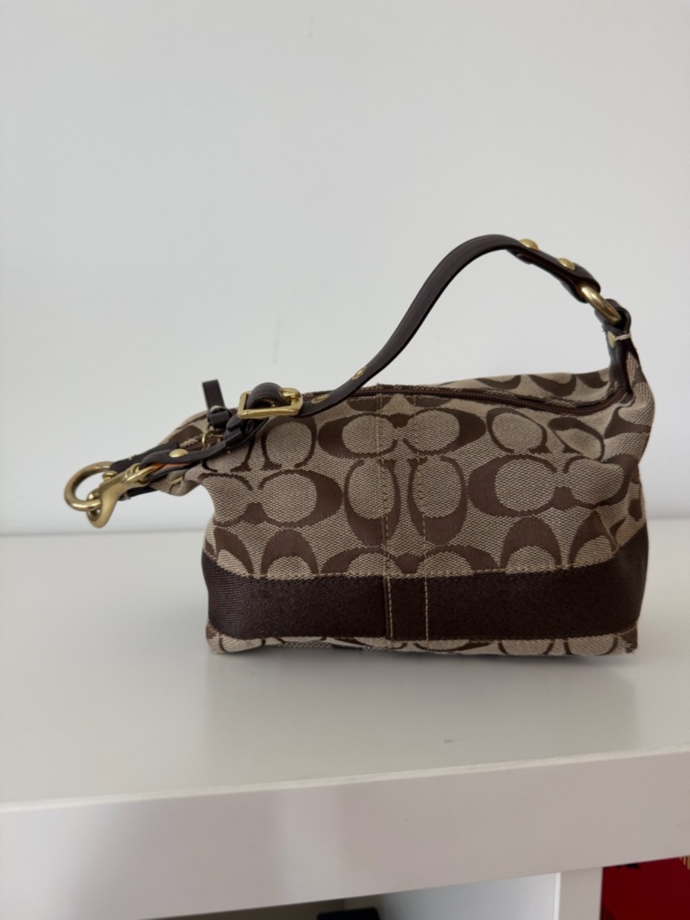 Coach Brown Signature Canvas Mini Shoulder Bag with Brass Hardware